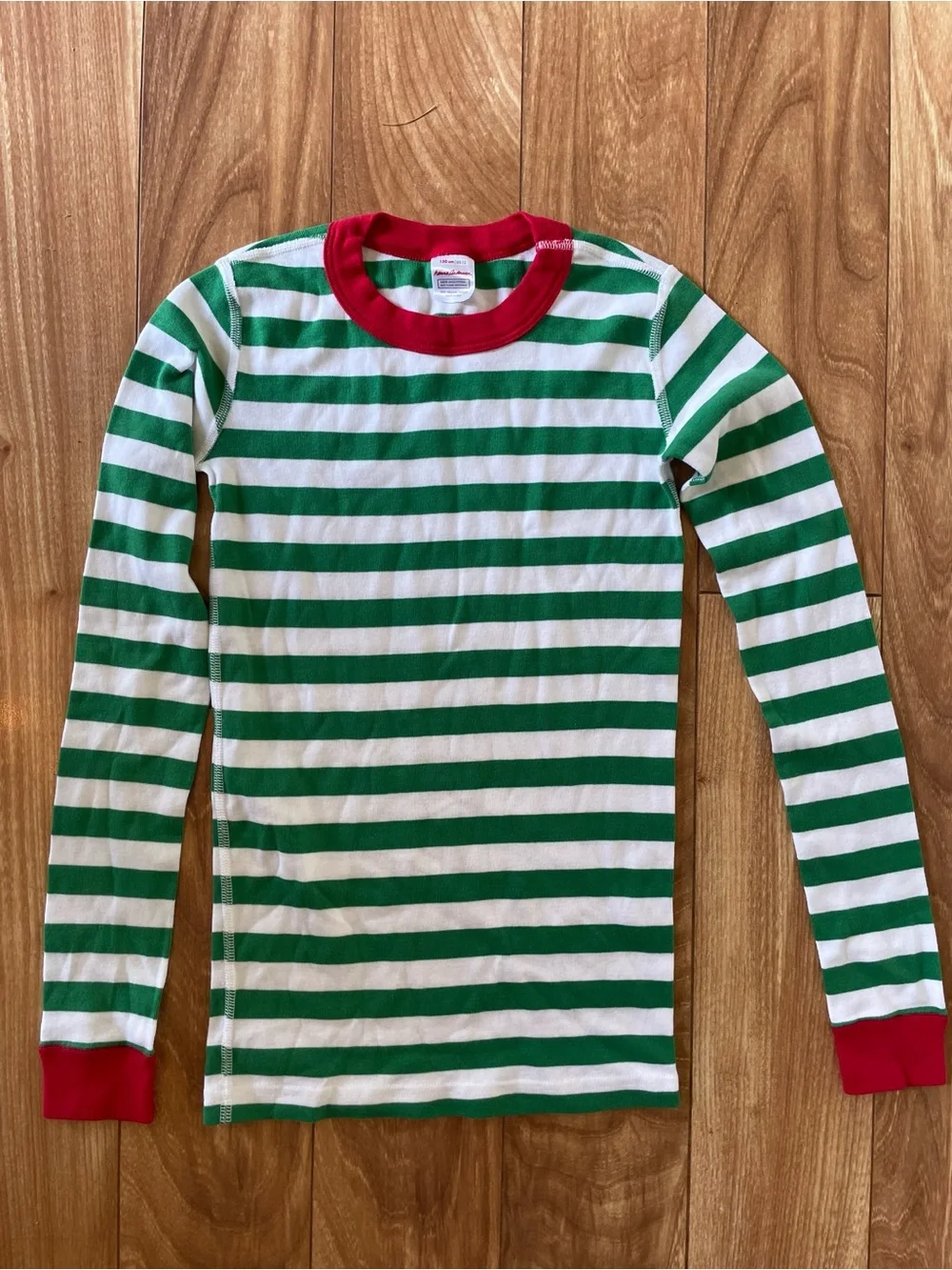 Hanna Andersson Green & White Striped Cotton Pajama Set with Red Trim Size 12